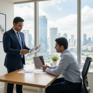 hartered Accountant in Gurgaon explaining tax planning and financial reports to an entrepreneur in a modern office, with the Gurgaon skyline visible through the window. A professional setting for business growth and compliance.