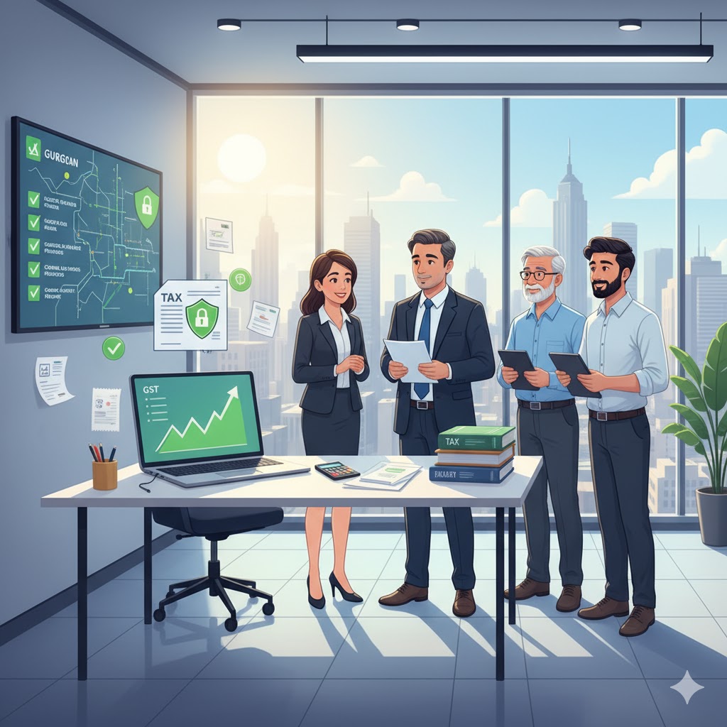 Business professionals in Gurgaon consulting with a chartered accountant about tax compliance and GST filing to avoid penalties — representing expert CA services by Sunil K. Khanna & Co.